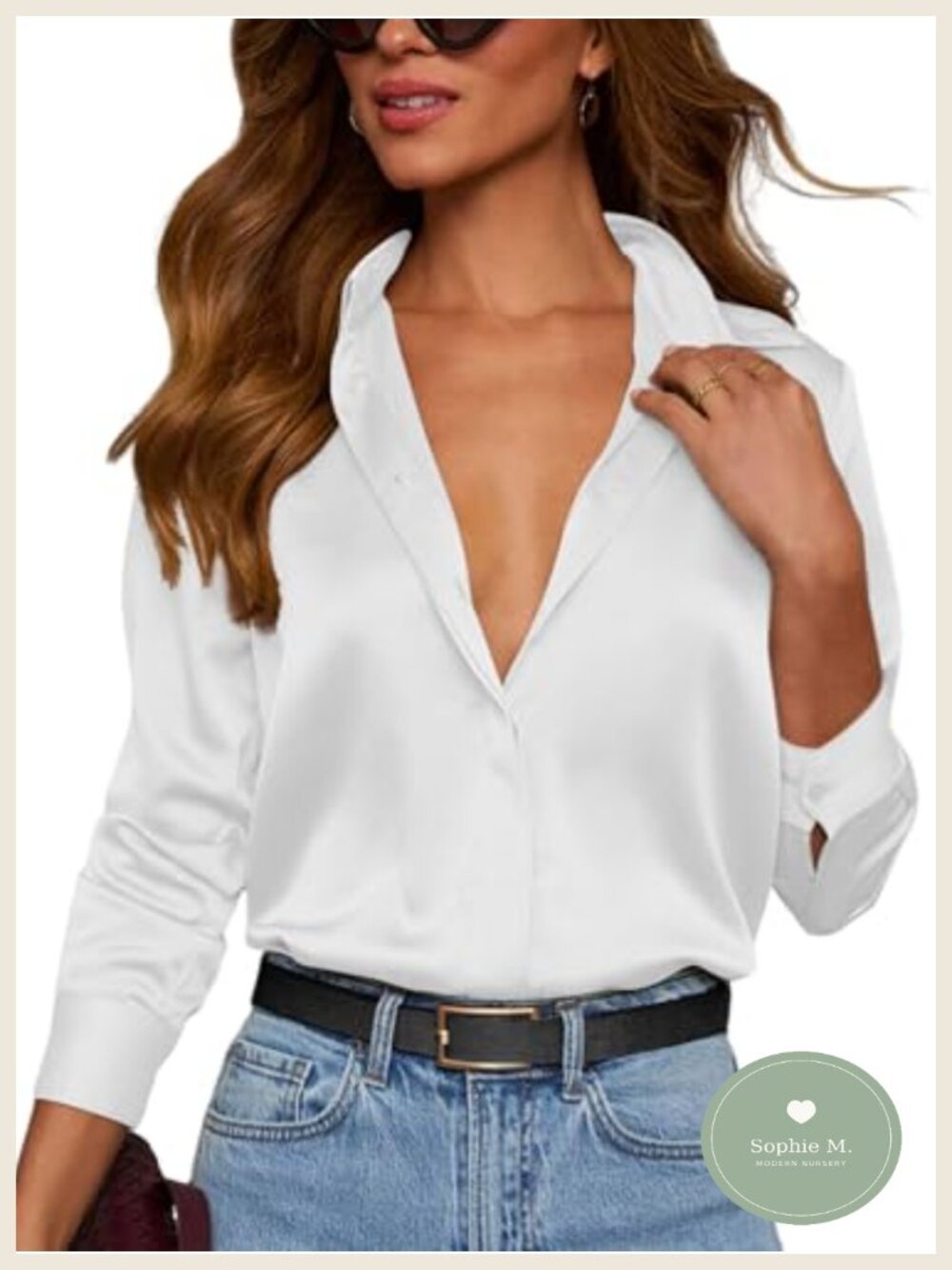 Satin Button Down Shirt for Women Silk Long Sleeve V-Neck Blouse